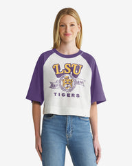 LOUISIANA STATE TIGERS LSU VINTAGE INFIELD SHIFT '47 RAGLAN CROP TEE WOMENS